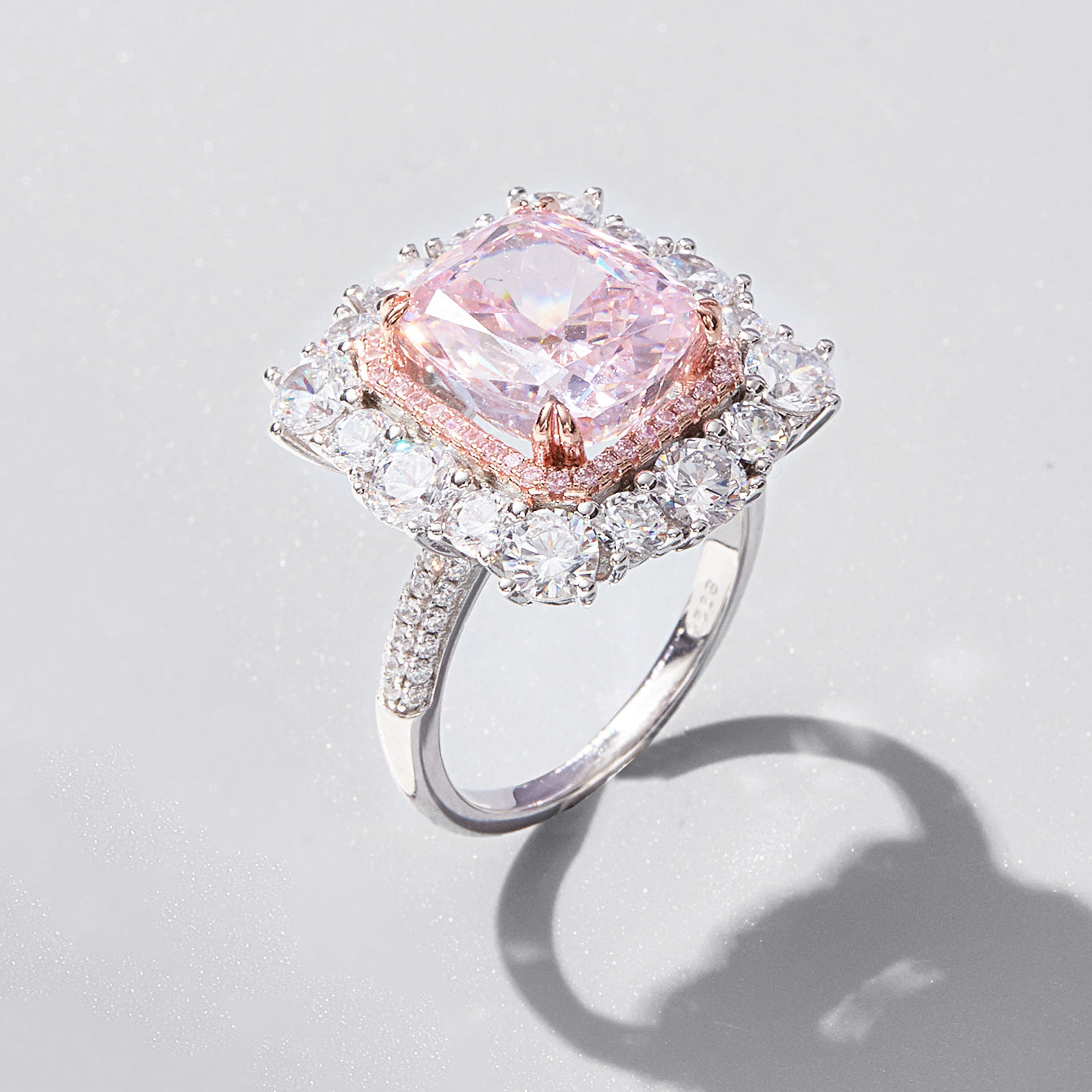 S925 Silver Plated Platinum High Carbon Zircon Ring Pink