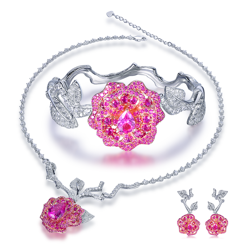 Lab-Created Ruby Rose Pendant Moissanite Sterling Silver Necklace