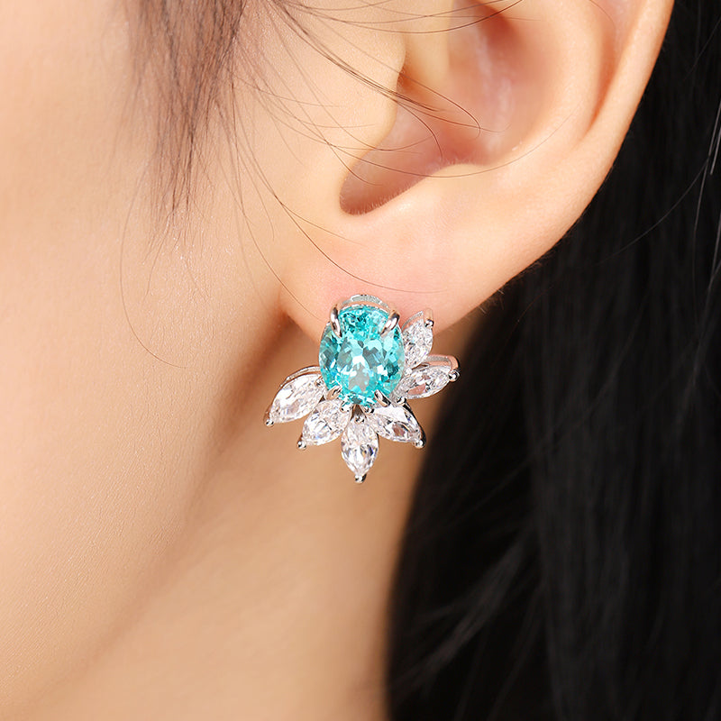 8.8 Carat Oval Lab-Created Gemstone Flower Elf Stud Earrings in S925 Silver-Plated Platinum