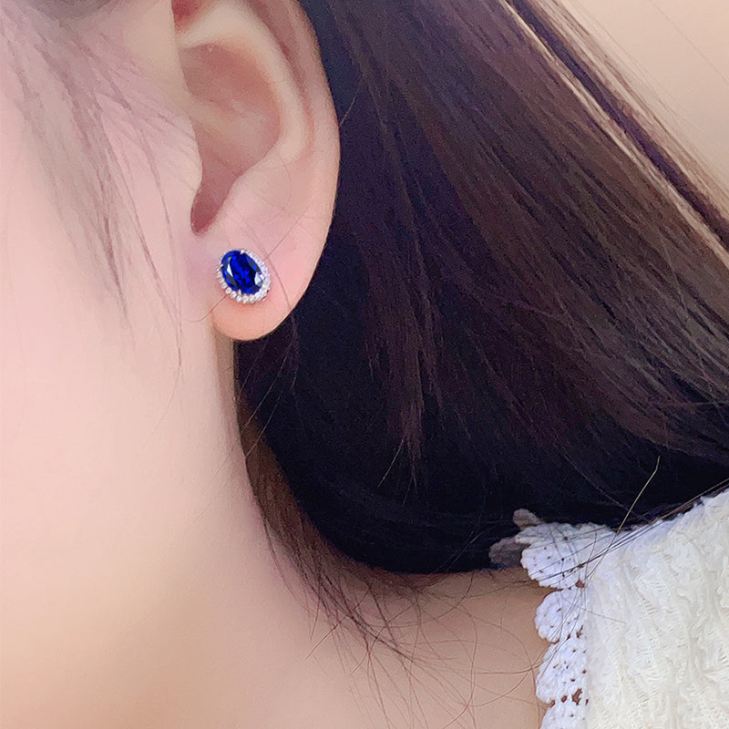 2.0 Carat Oval Lab Created Gemstone Halo Stud Earrings in S925 Silver Plating