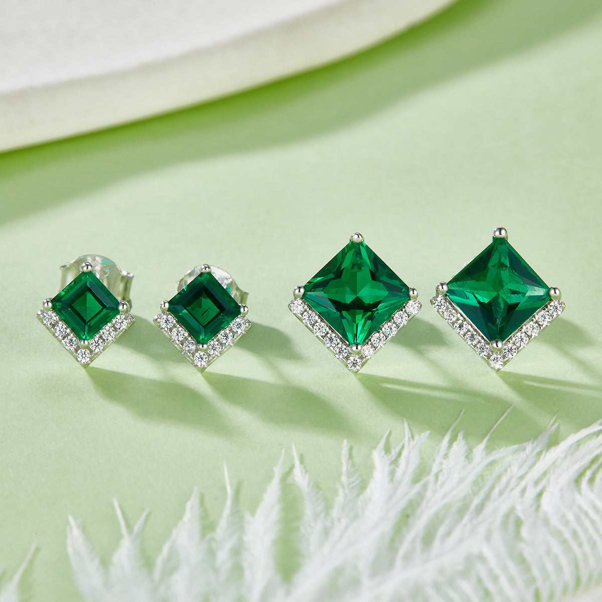 Gala Fireworks Princess Cut Lab-Created Emerald Sterling Silver Stud Earrings