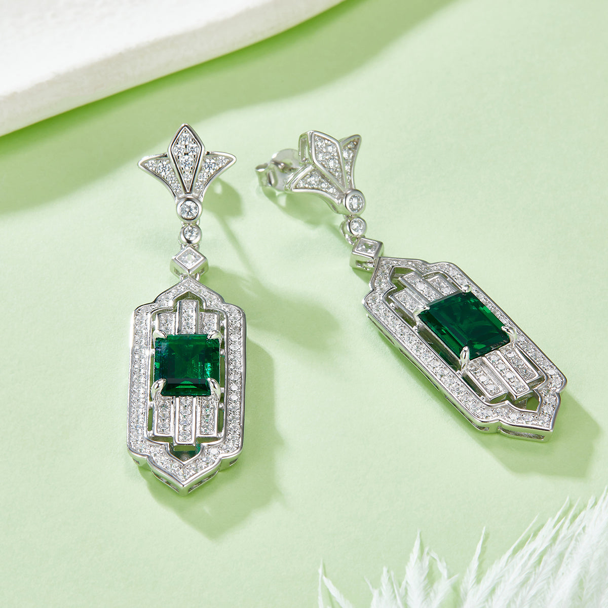 Elegant 3.65 Carat Rectangular Lab-Created Emerald Long Drop Earrings in S925 Silver Plated Platinum