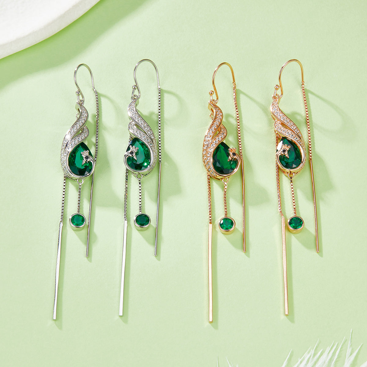 Elegant 3.95 Carat Pear Shaped Lab Created Emerald Silver Tassel Earrings