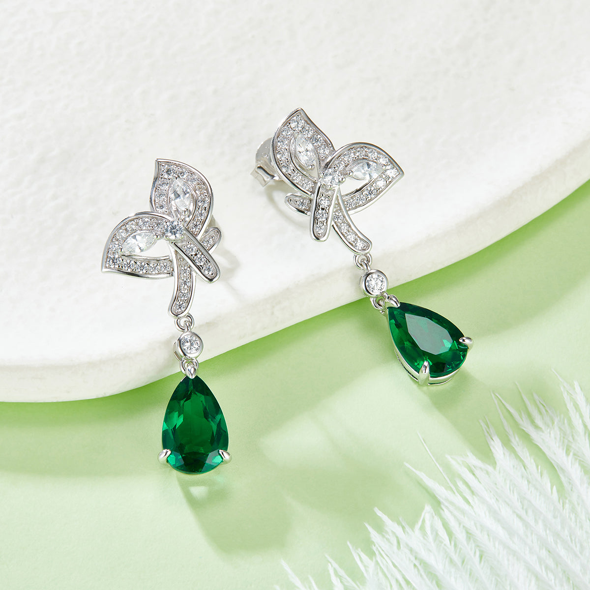 Elegant Lab Created Emerald Butterfly Drop Earrings in S925 Silver