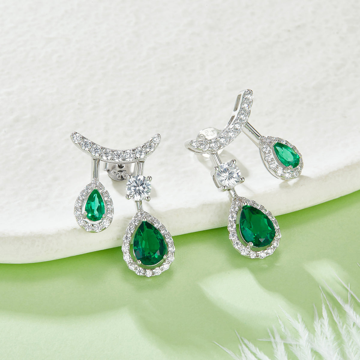 1.53 Carat Double Pear-Shaped Lab-Created Emerald Sterling Silver Drop Earrings with Soleste Halo