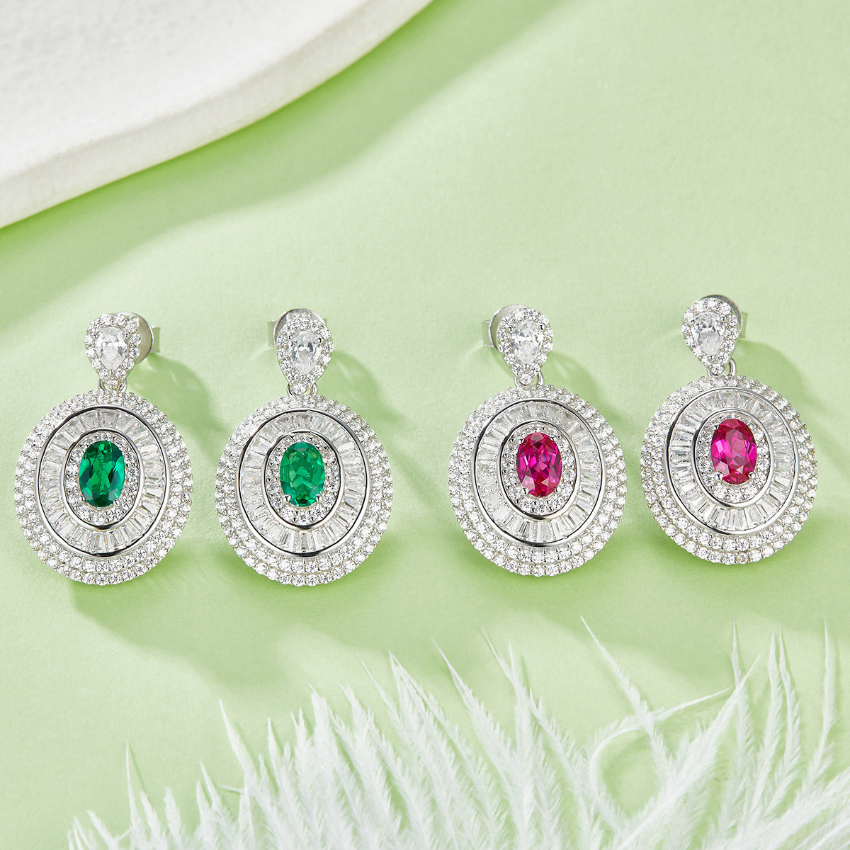 Gala Fireworks 1.05 Carat Oval Lab Created Gemstone Multi-Layer Halo Drop Earrings in S925 Silver Plated Platinum