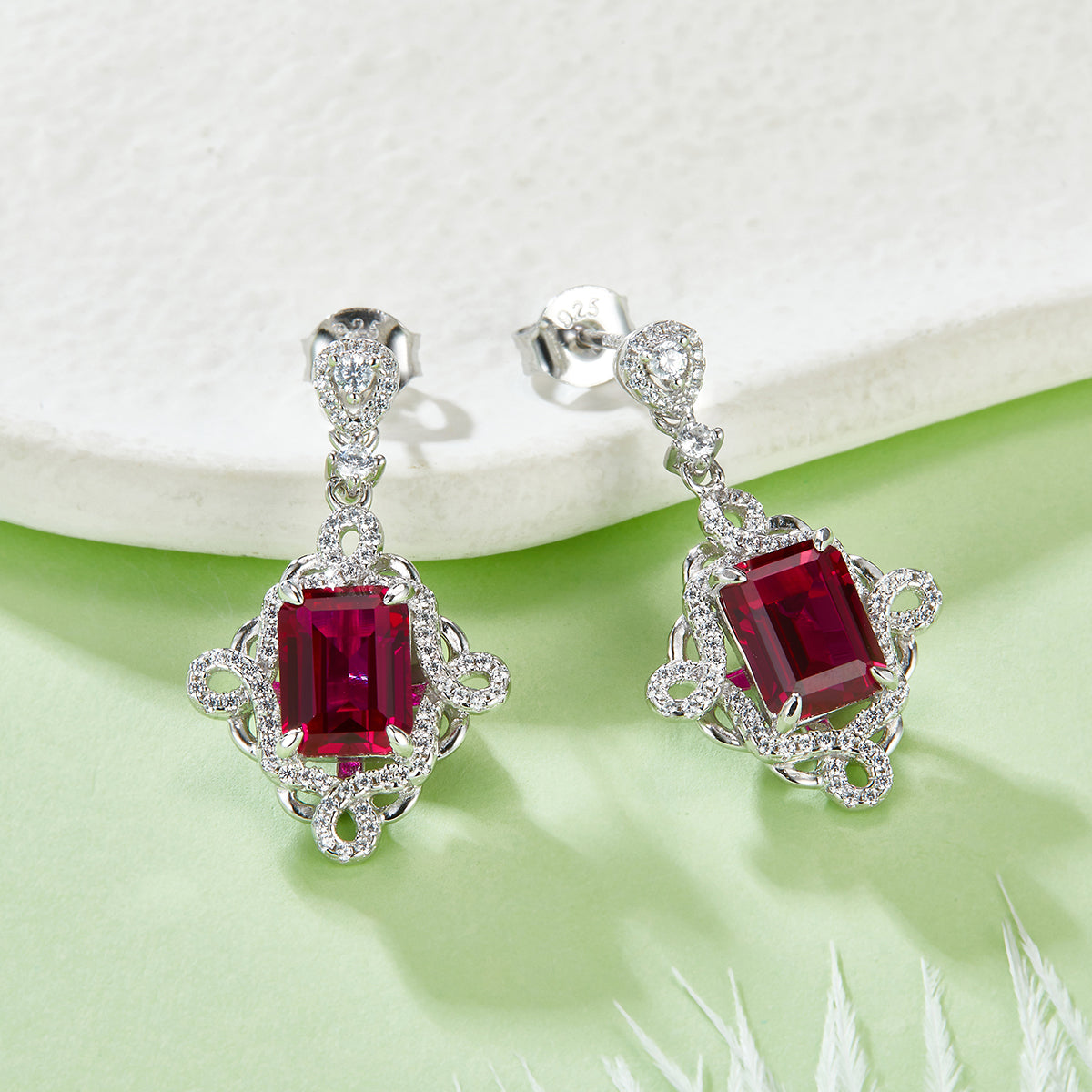 Elegant 4.0 Carat Rectangular Lab-Created Ruby Drop Earrings in S925 Silver-Plated Platinum Lace Design