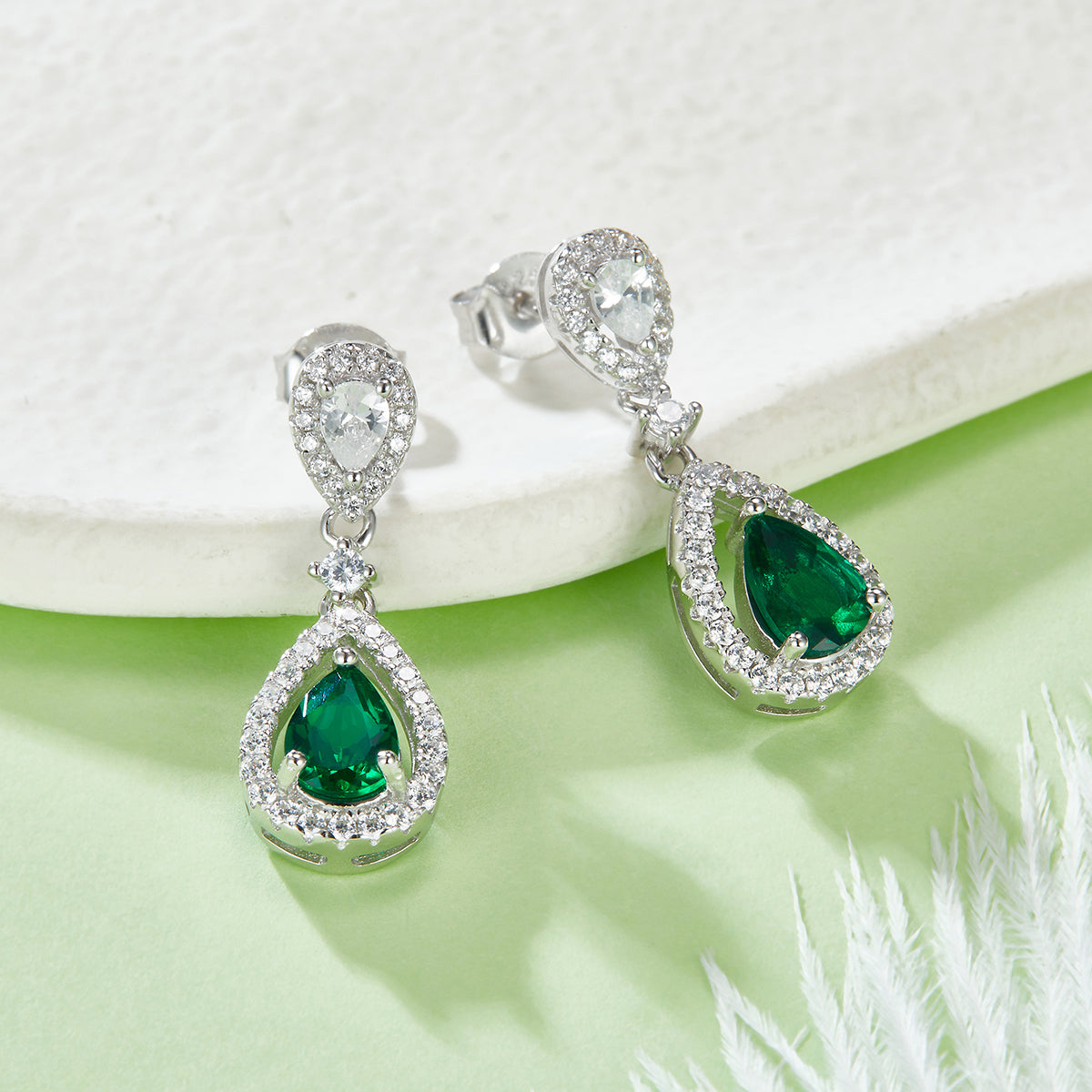 1.6CT Pear-Shaped Lab-Created Emerald Halo Drop Earrings in S925 Silver Plated Platinum
