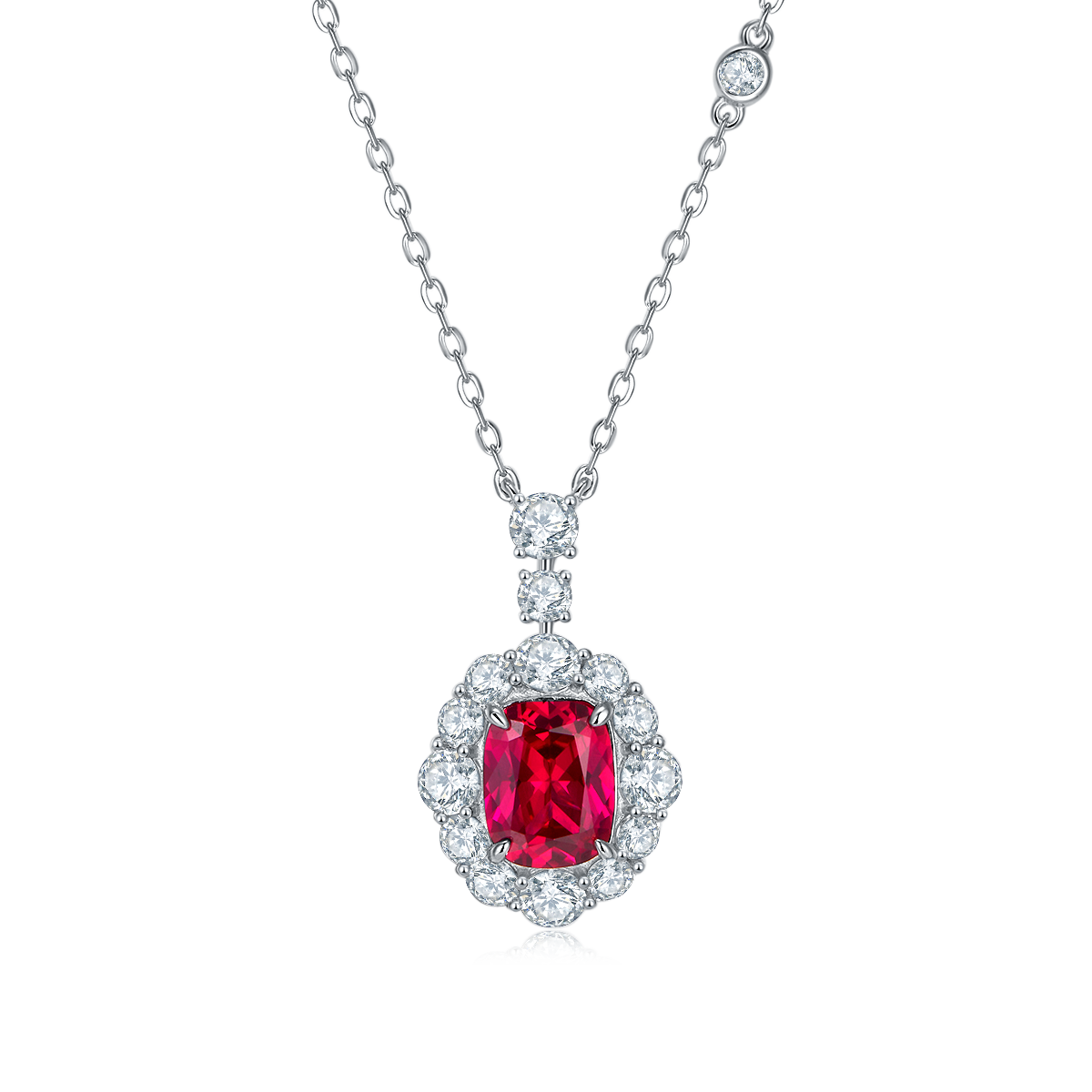 Genuine Pink Ruby and Lab Diamond Silver Halo Necklace