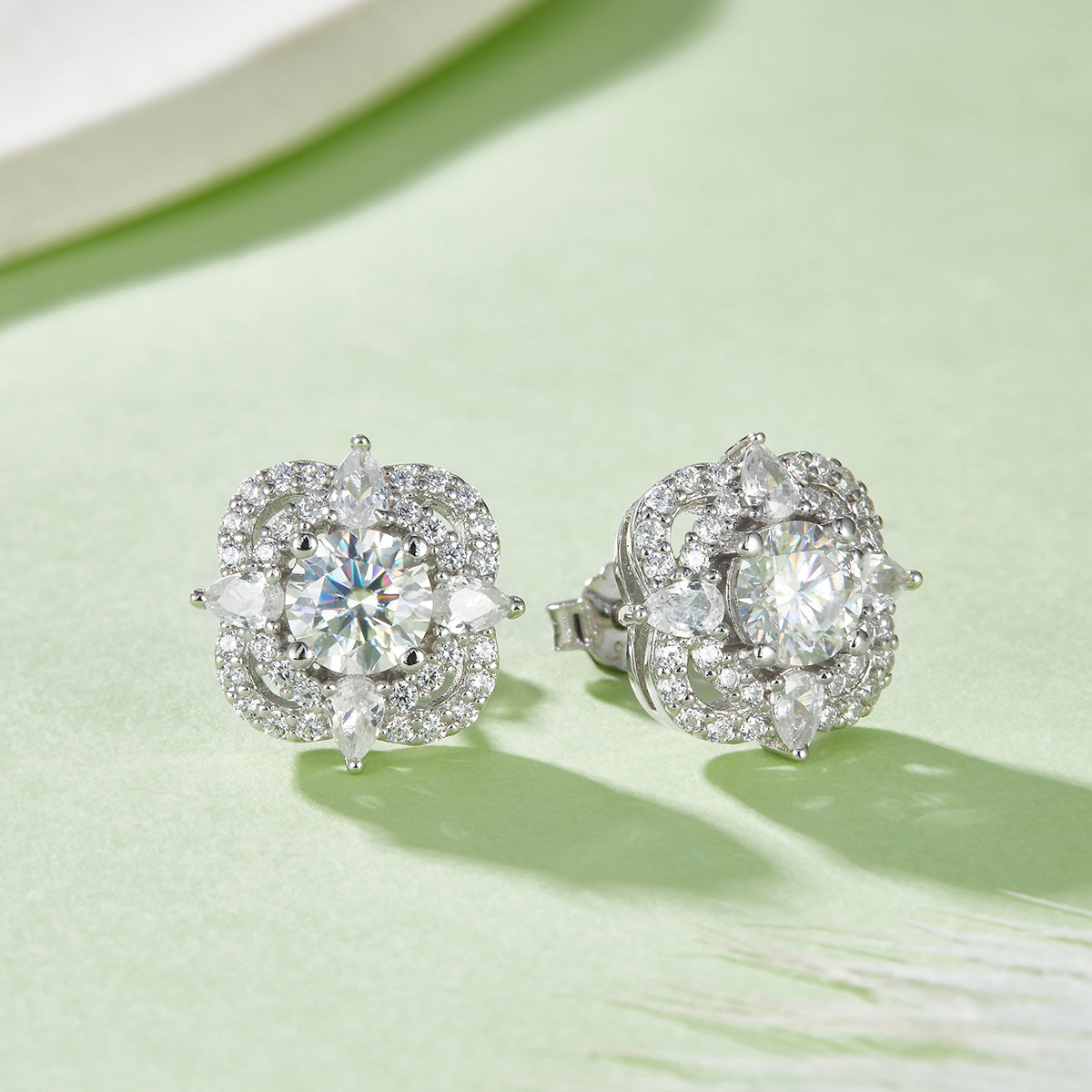 1.0 Carat Round Moissanite Silver Plated Platinum Square Stud Earrings