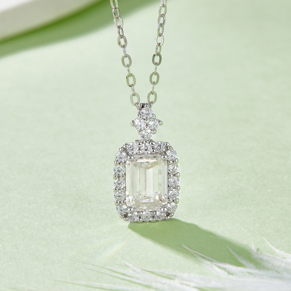 1.0 Carat Emerald Cut Moissanite Pendant with Soleste Halo in S925 Silver-Plated Platinum Necklace