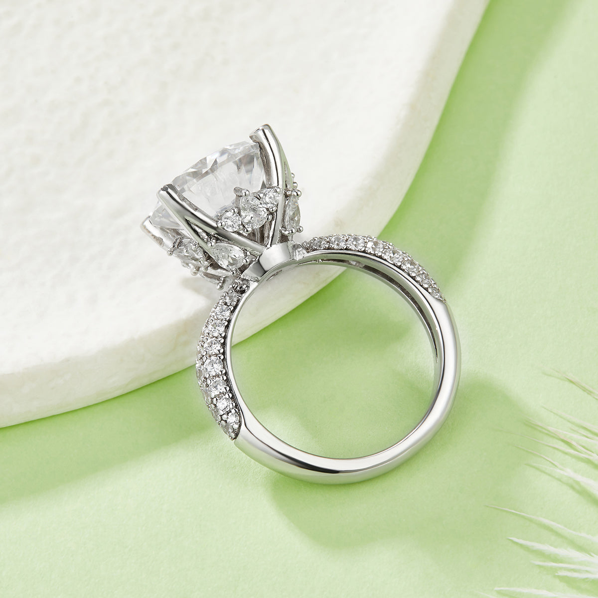 5.0 Carat Round Moissanite Cathedral Ring in S925 Silver with Platinum Finish