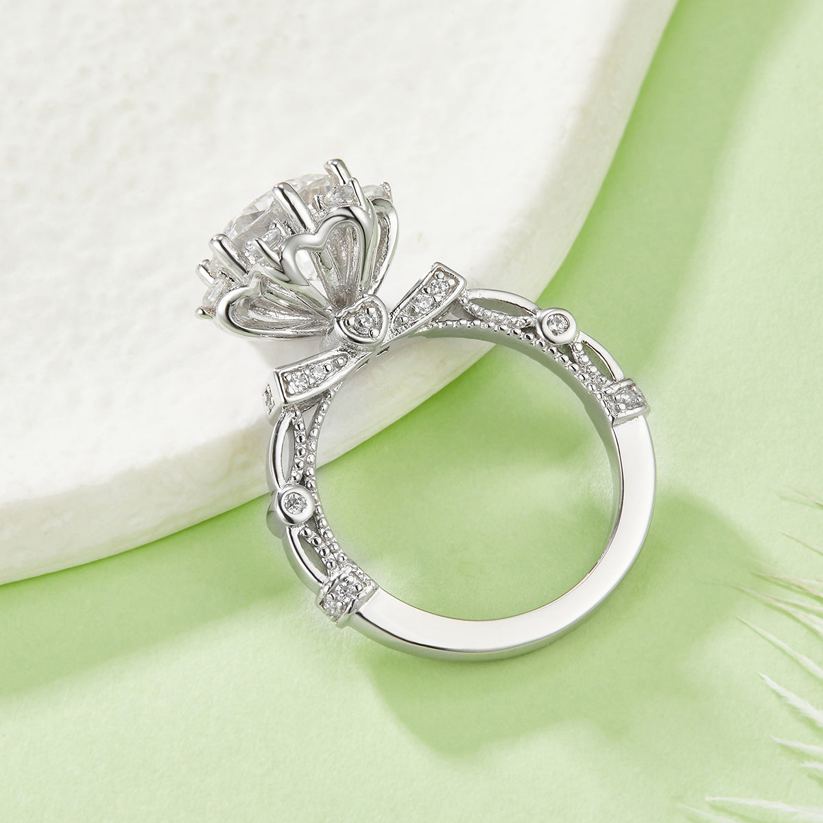 Elegant Floral Cathedral Ring with 2.0 Carat Round Moissanite and S925 Silver Plating
