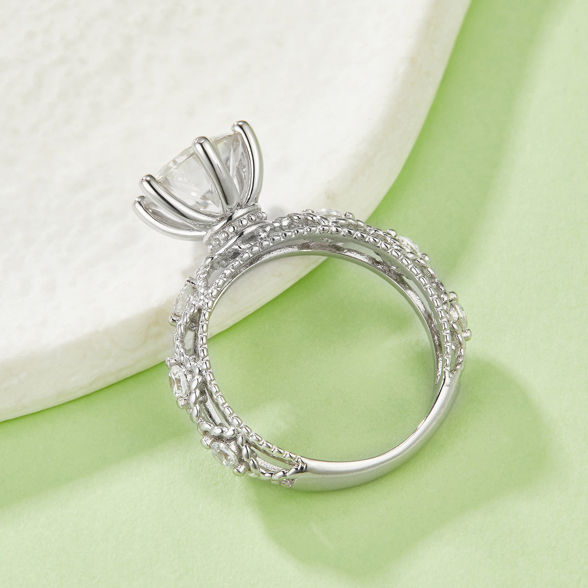 2.0 Carat Round Moissanite Cathedral Ring in S925 Silver with Platinum Finish