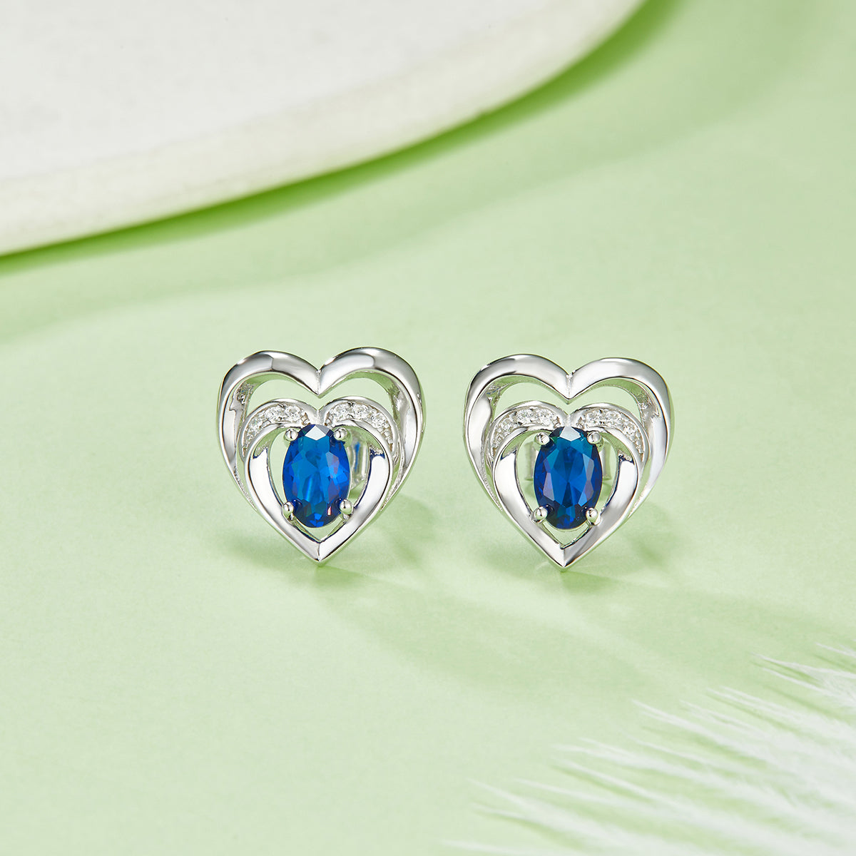 4 6MM Oval Shaped Colorful Lab Created Gemstone S925 Silver Plated Platinum Double Heart Stud Earrings