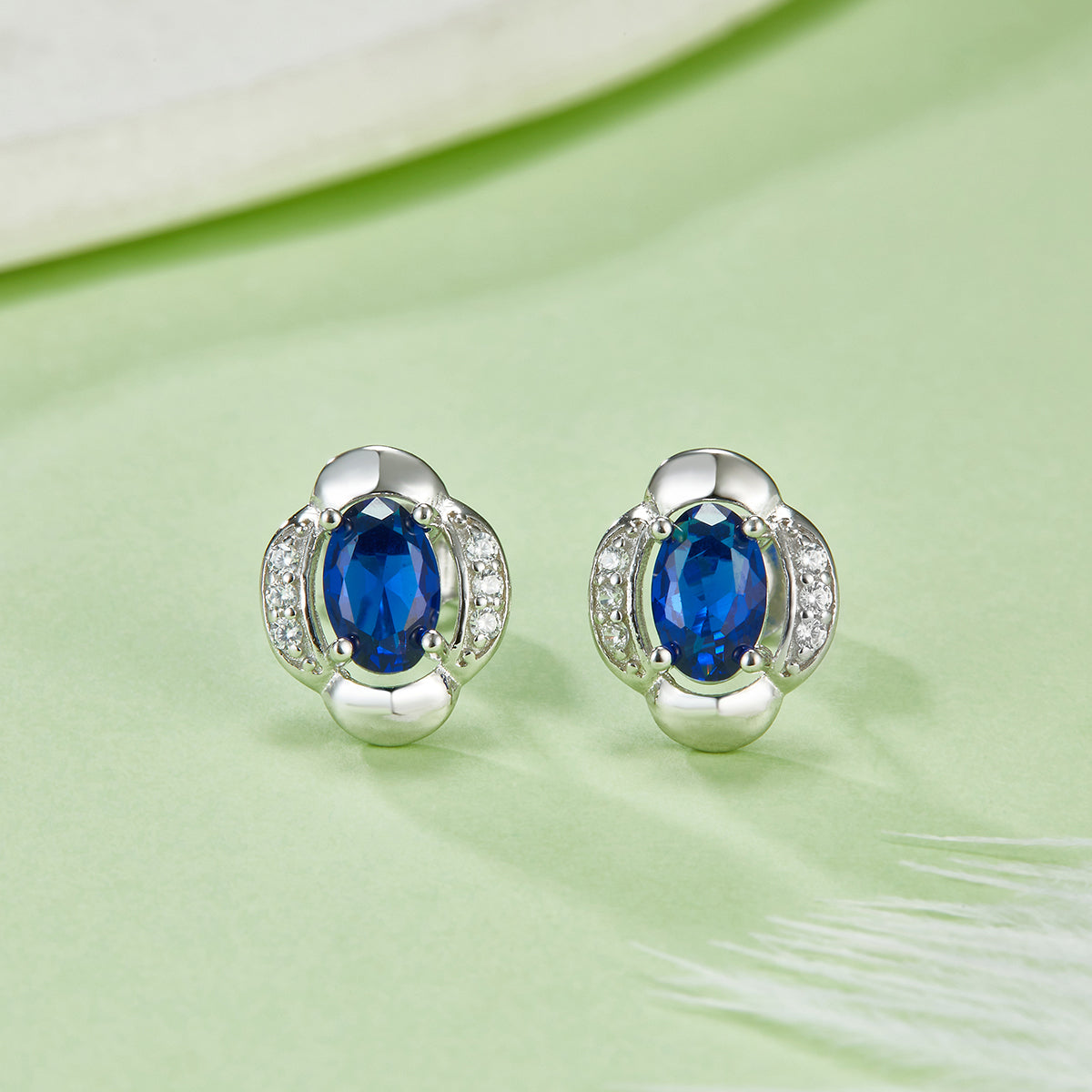 4 6MM Oval Shaped Colourful Lab Created Gemstone S925 Silver Plated Platinum Stud Earrings