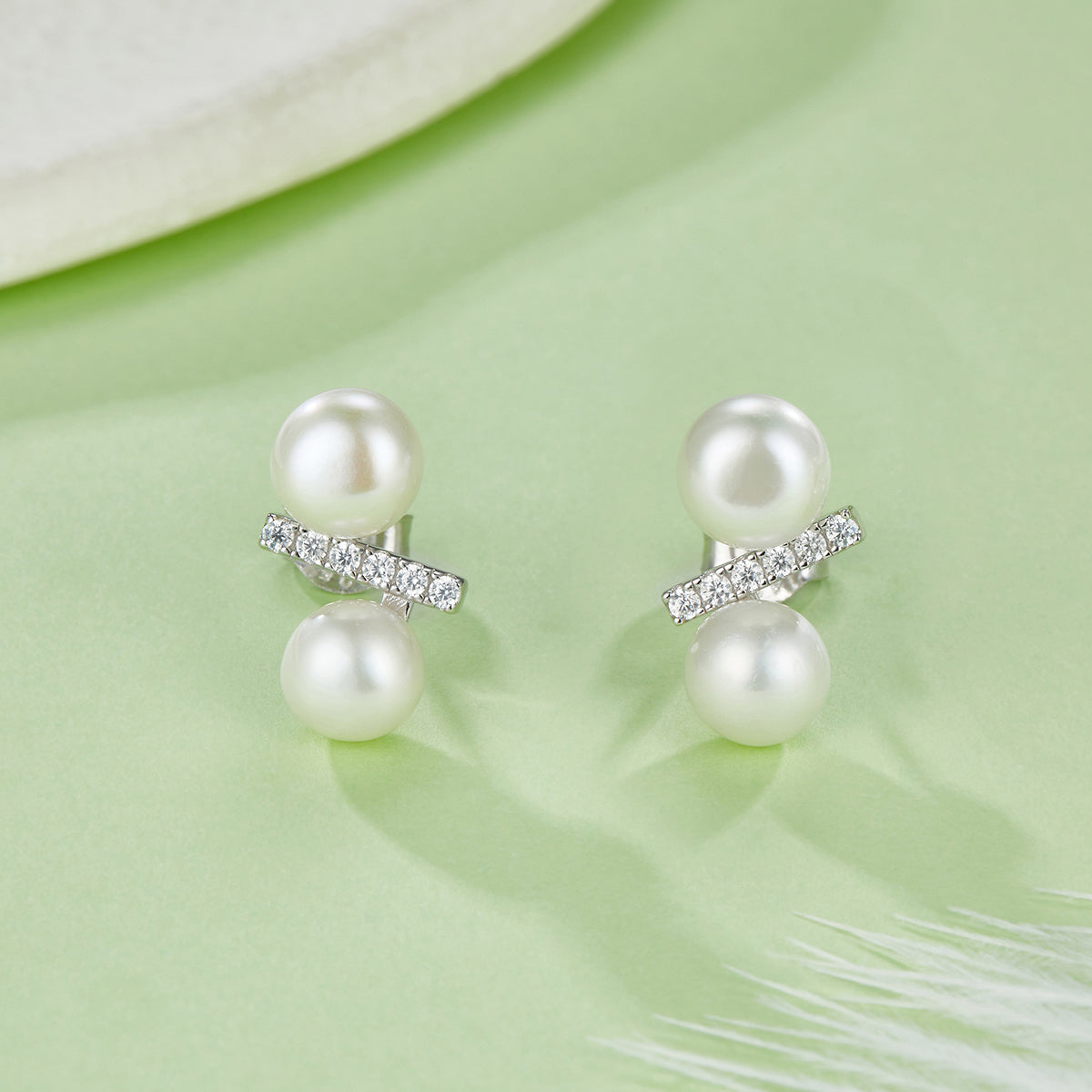 S925 Silver Plated Platinum Earrings Double 6.0mm Pearls