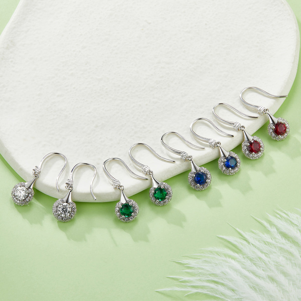 5.0mm Round Colored Lab Created Gemstone S925 Silver Plated Pendant Drop Earrings