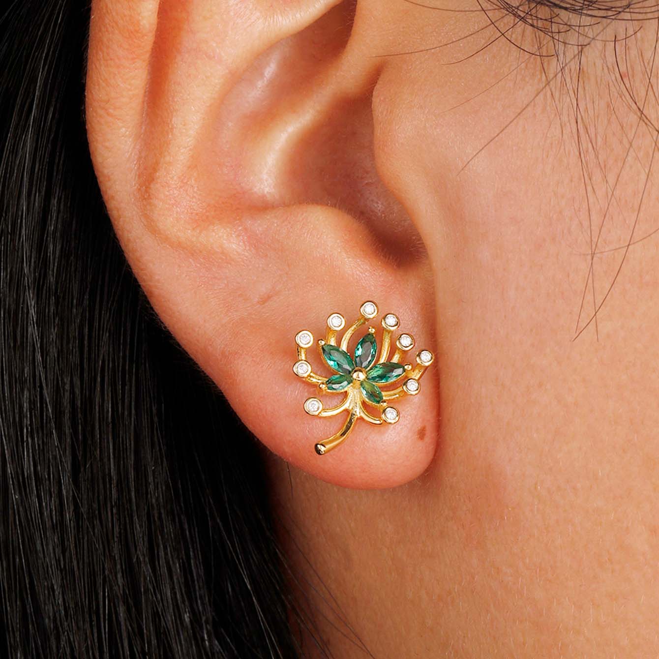 S925 Silver Plated 18K Gold Lab-Created Emerald Firework Stud Earrings
