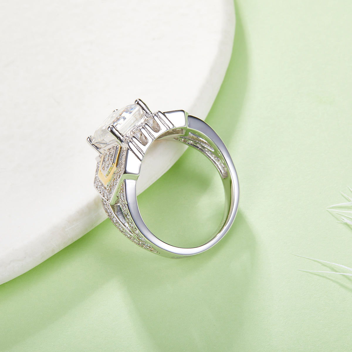 S925 Silver Plated 18K Platinum Dual Tone Women's Ring with 3.0 Carat Emerald Shaped Moissanite