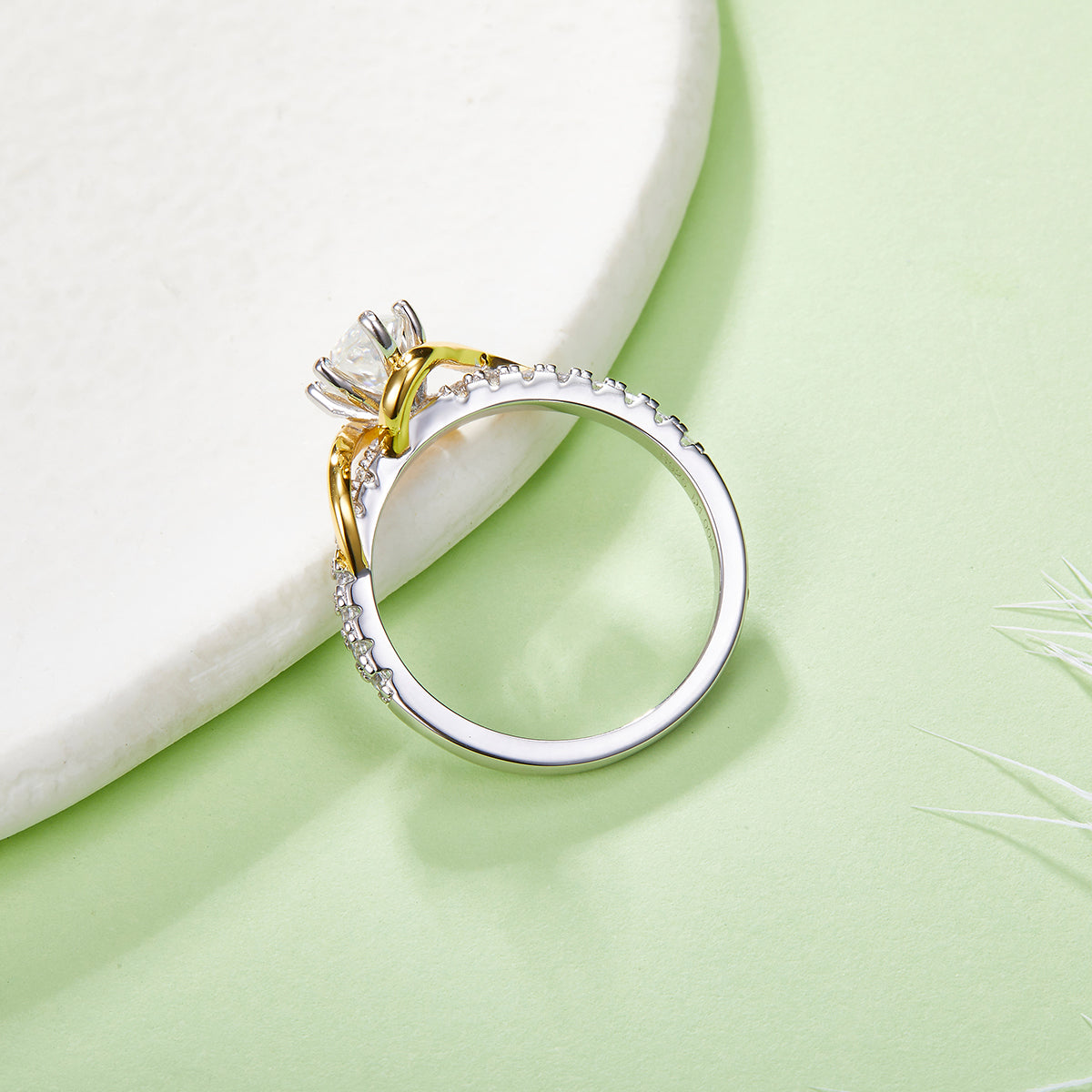 S925 Silver Plated 18K Platinum Cathedral Ring with Moissanite