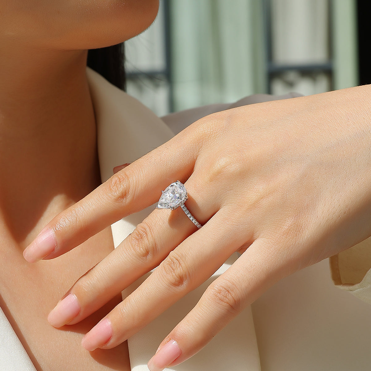 S925 Silver Plated 18K Platinum Cathedral Ring with 5.0 Carat Pear Shape Moissanite