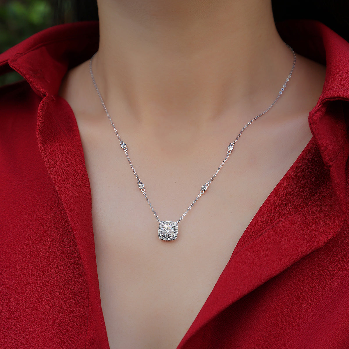 1.0 Carat Cushion Cut Moissanite Pendant Plated 18K Silver Necklace