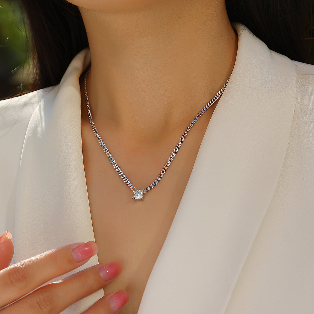 Silver Plated 18K Platinum Cuban Chain Necklace with 1.0 Carat Princess Cut Moissanite Pendant