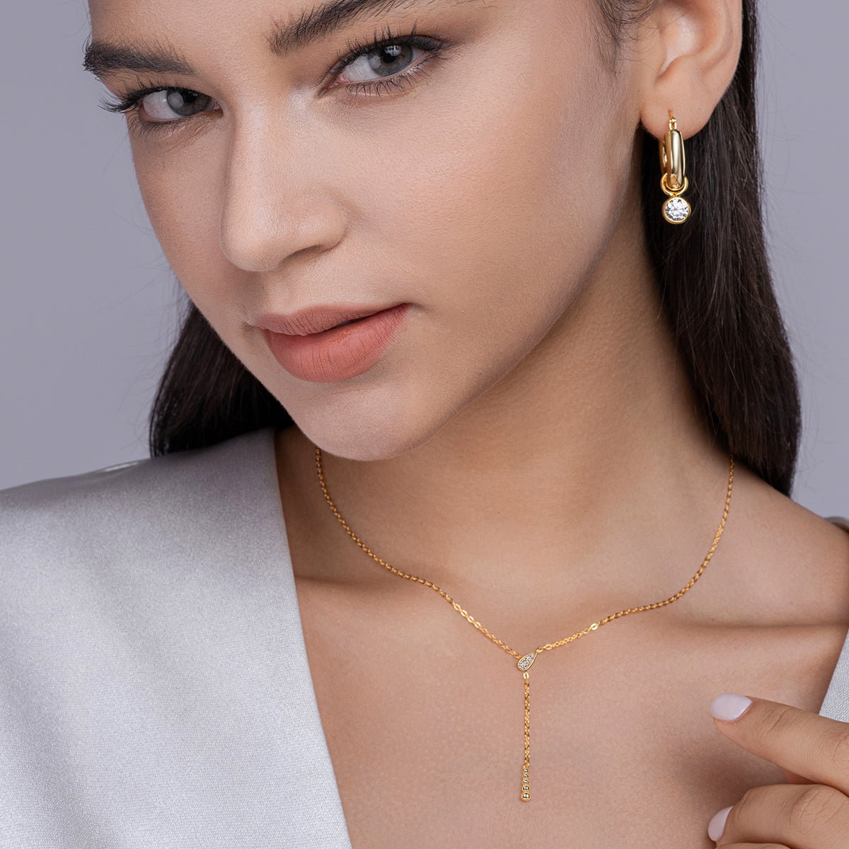 Silver Plated 18K Gold Round Bead Necklace with Moissanite Pear Drop