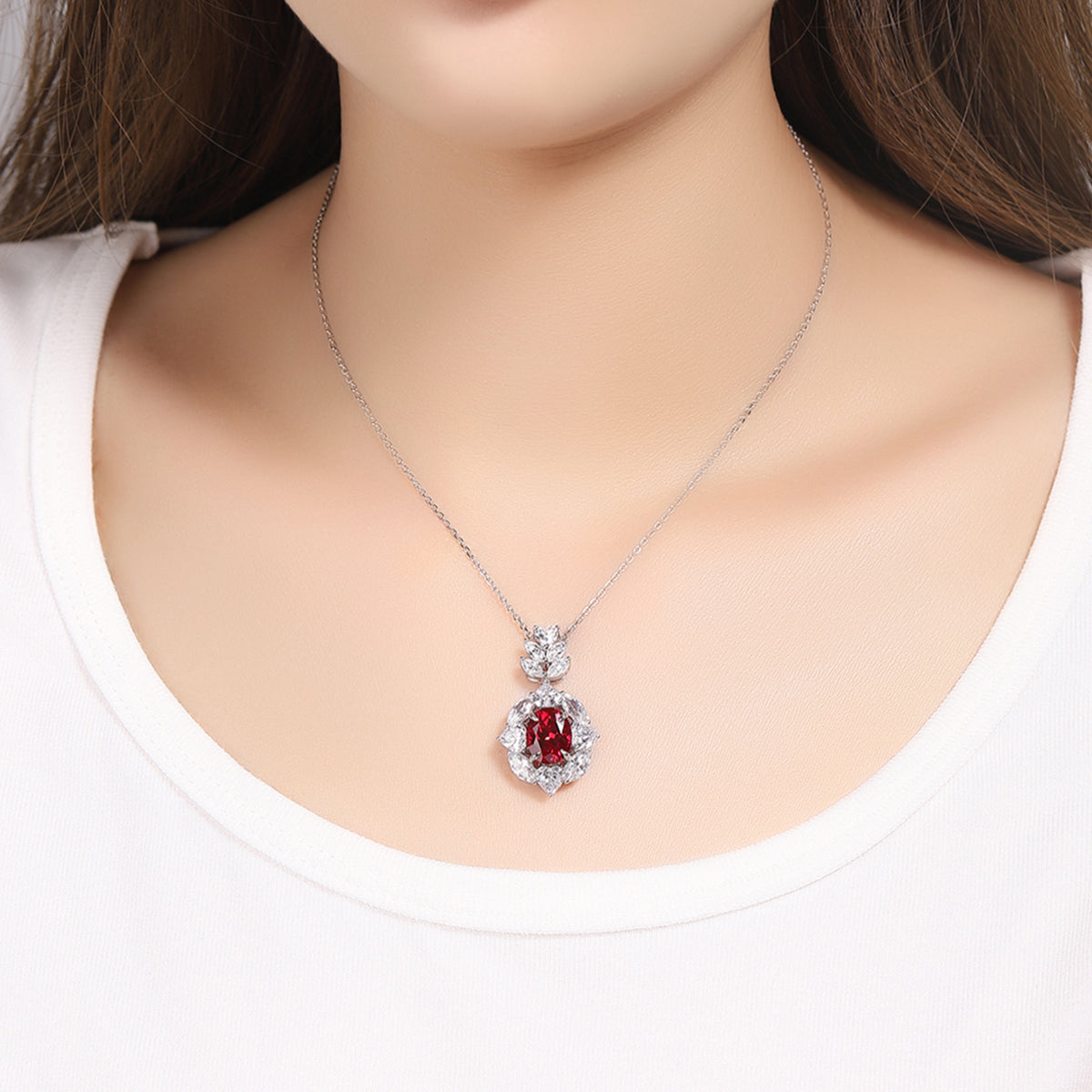 3.85 Carat Oval Lab Created Gemstone Halo Pendant Necklace