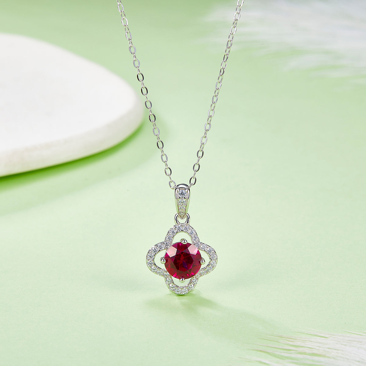 Four-Leaf Clover Pendant with 1.0 Carat Lab-Grown Ruby Necklace