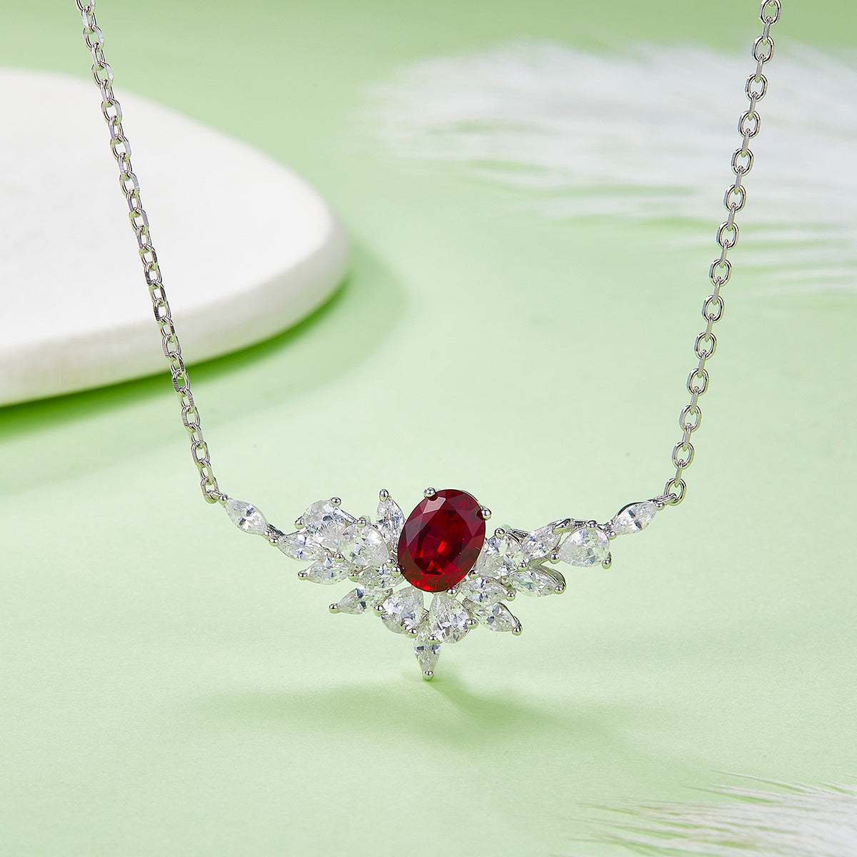 V-Shape Firework Pendant with 1.6 Carat Oval Lab Grown Gemstone S925 Silver Plated 18K Platinum Necklace