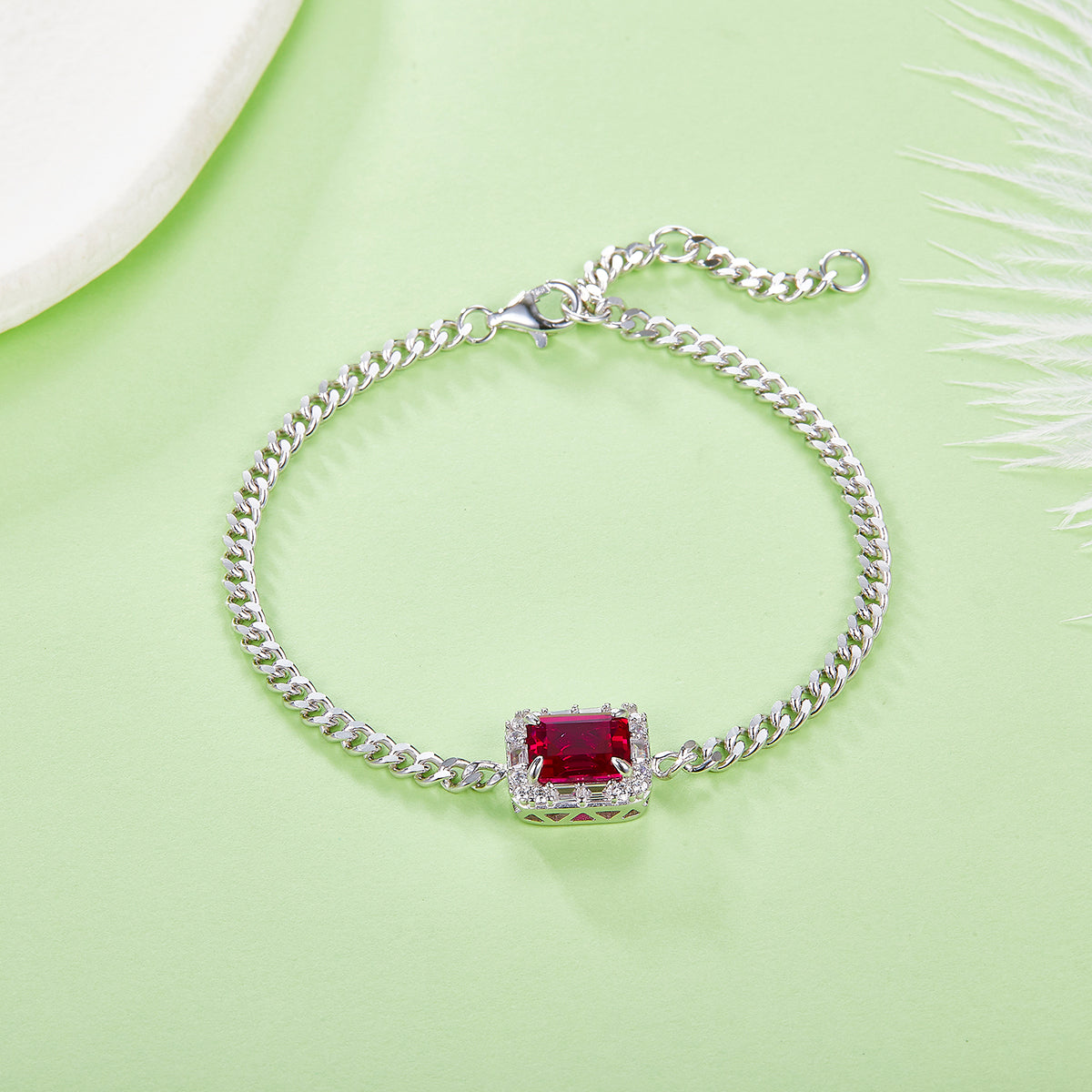 Emerald Cut Lab Grown Ruby with Soleste Halo Bracelet