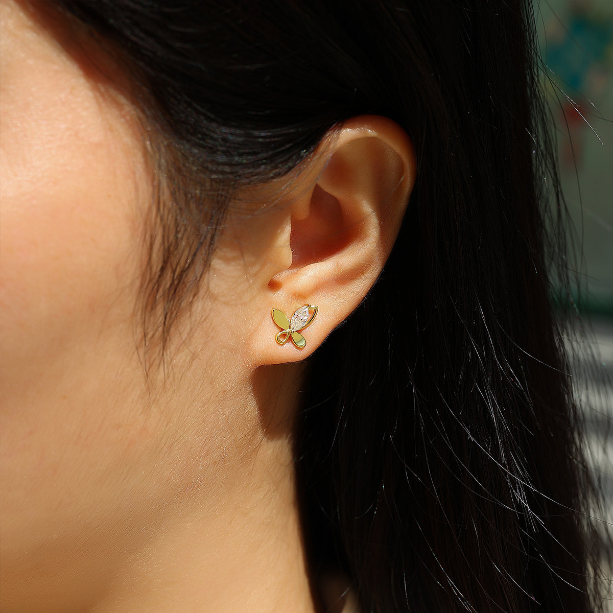 S925 Silver Plated 18K Gold Butterfly Stud Earrings Moissanite