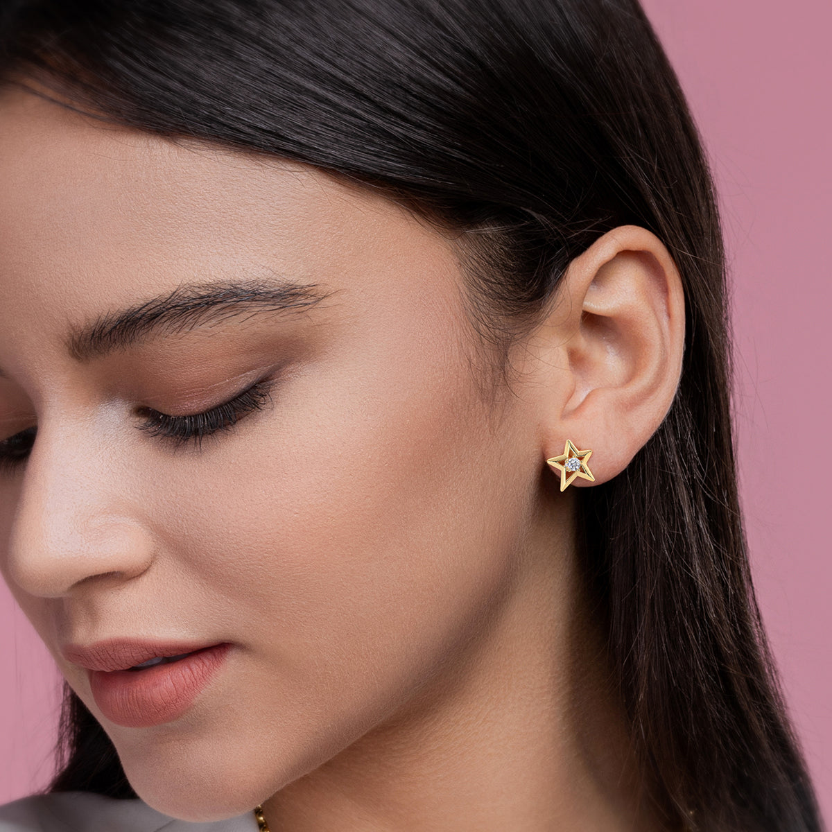 S925 Silver Plated 18K Gold Hollow Star Stud Earrings Moissanite