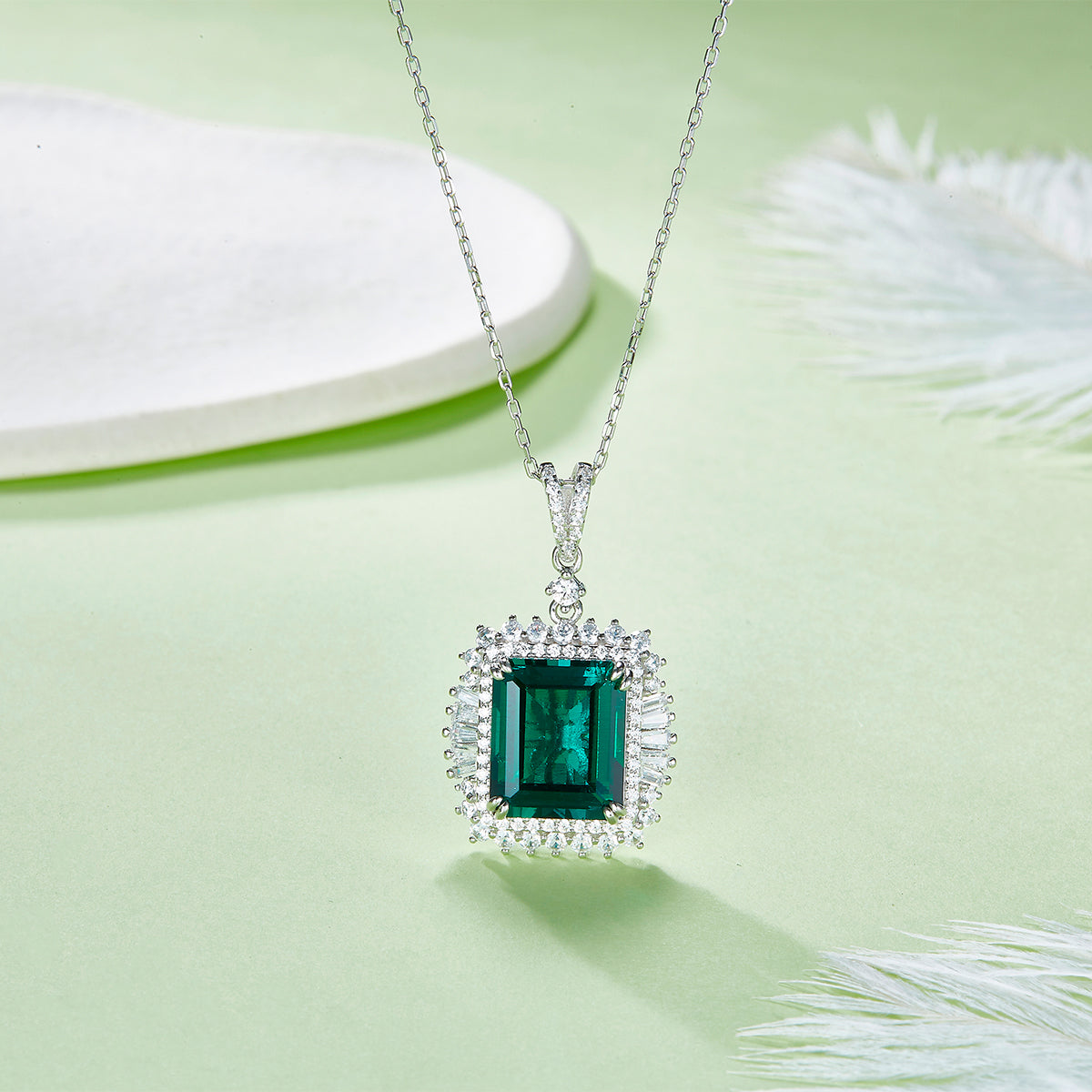 12*10mm Emerald Cut Lab Grown Gemstone Halo Necklace