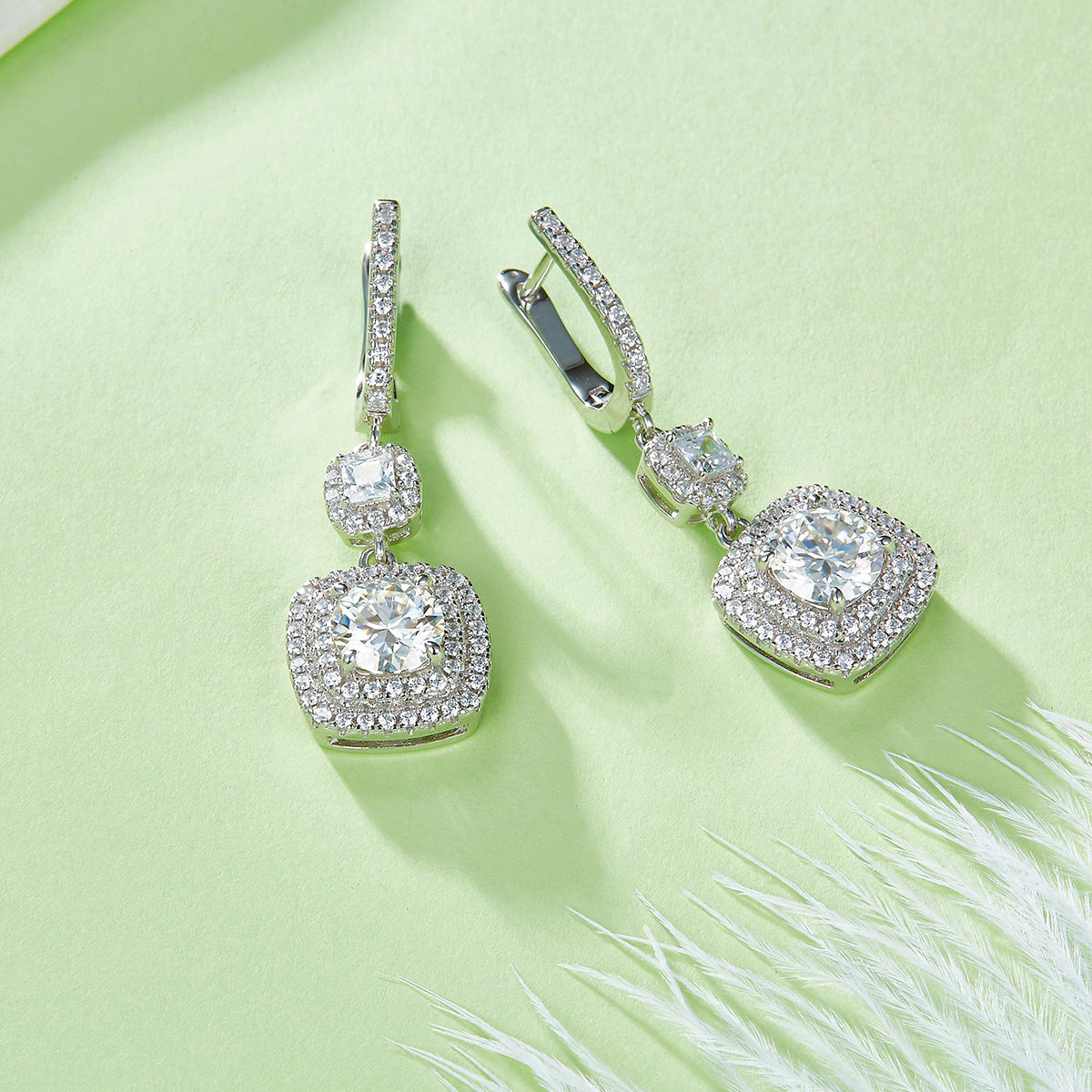 1.0 Carat Round Moissanite With Double Halo S925 Silver Drop Earrings