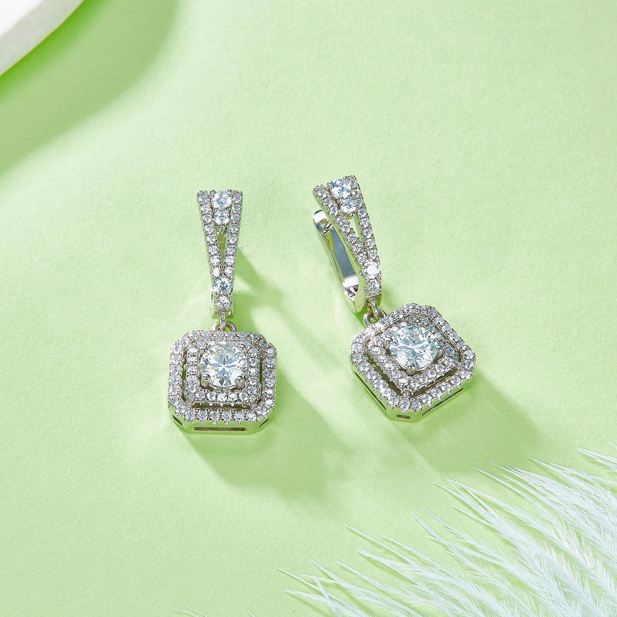 0.5 Carat Round Moissanite With Double Square Halo Earrings