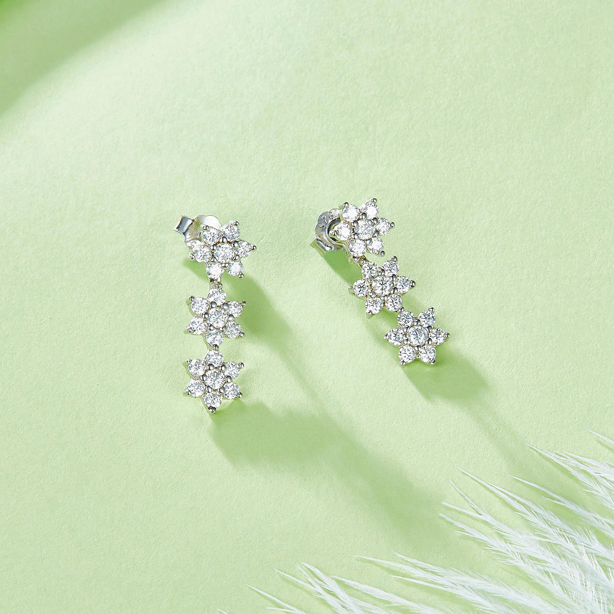 S925 Silver Plated 18K Platinum Three Moissanite Flower Drop Earrings