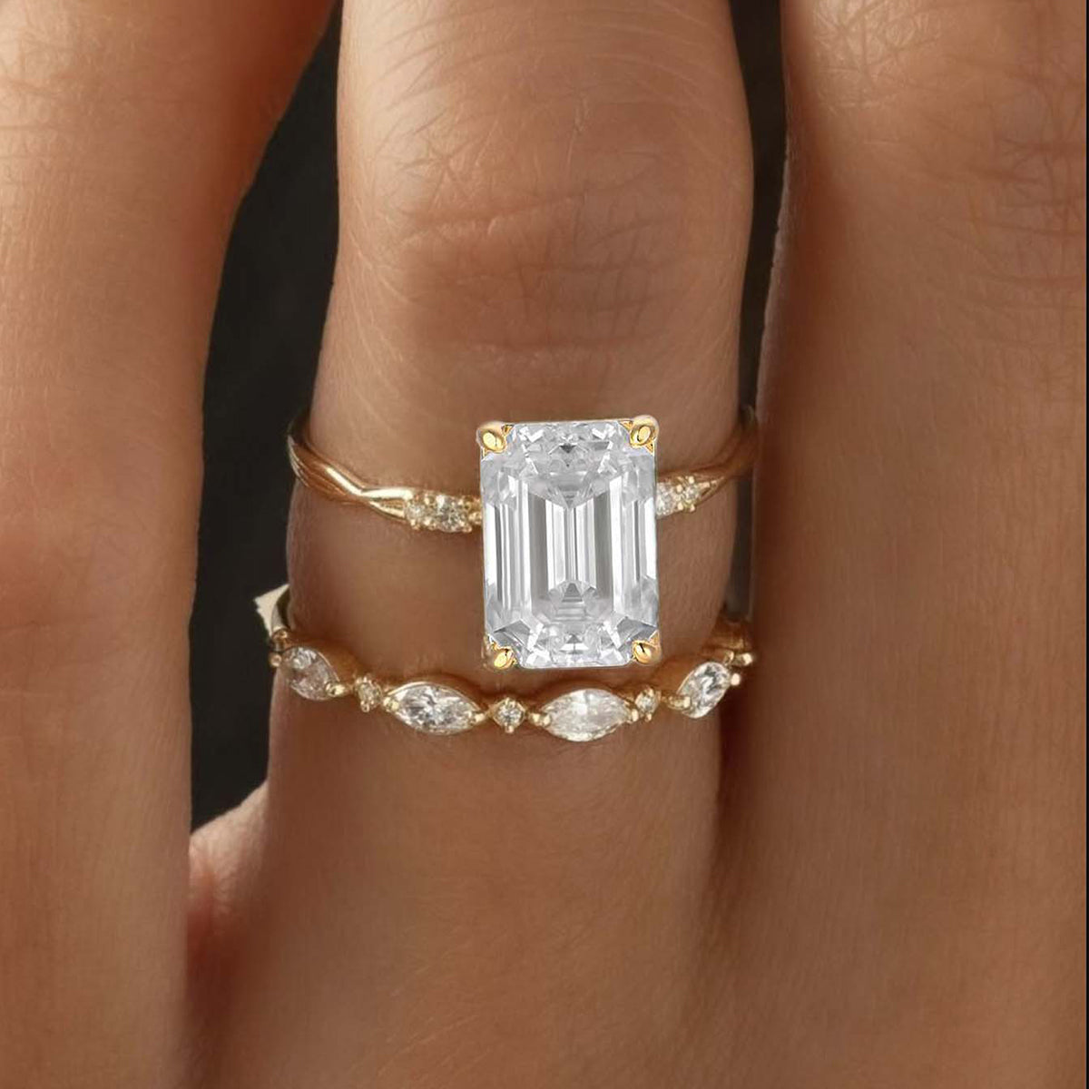 Planderful Sparkling Emerald Cut Moissanite Ring For Women With Marquise Accent Stones Two Piece Silver Plated Set