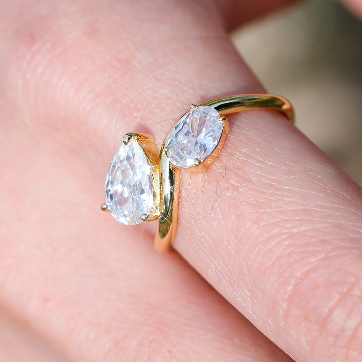 Planderful Moissanite Ring Sparkling Dual Stone For Women 2.5CT Pear Oval Drops S925 Gold Plated