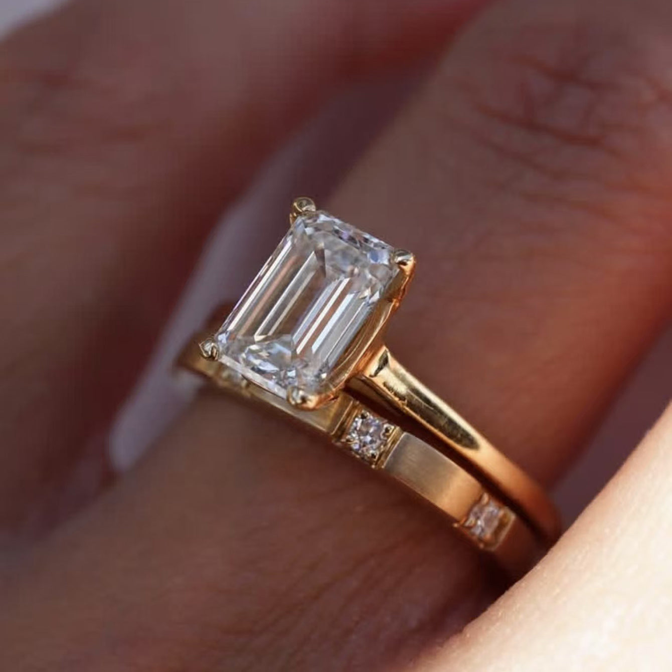 Planderful Emerald Cut Moissanite Ring Set For Women 3ct S925 Gold Plated Minimalist Two Piece Sparkling Elegant Jewelry
