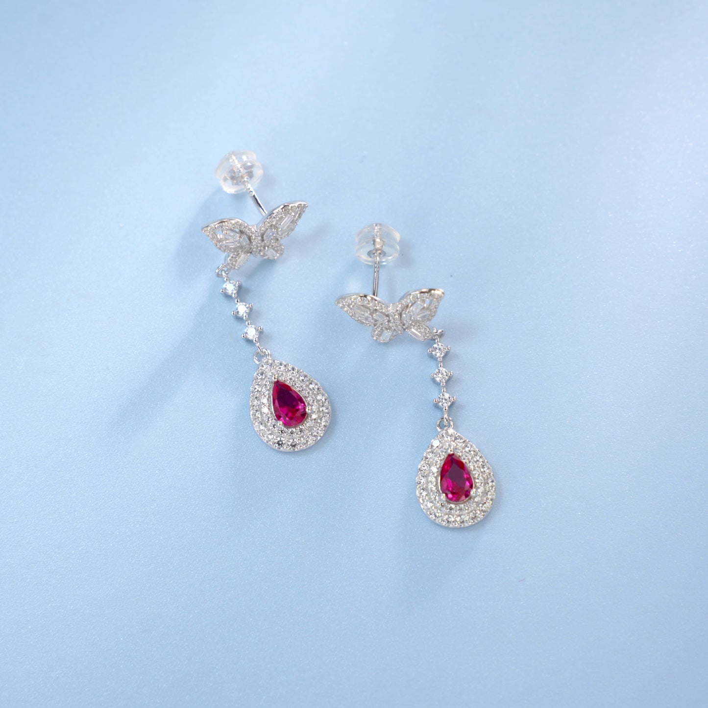 Planderful Lab Grown Gemstone Pear Drop Earrings With Double Halo Butterfly Long Drop For Women