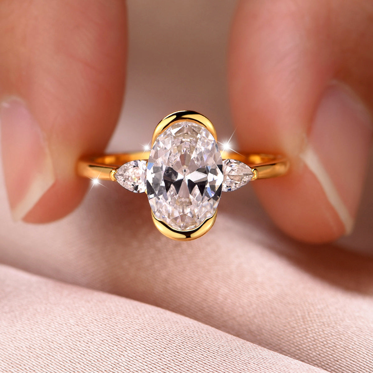 Planderful Moissanite Three Stone Ring Oval Two Point Five Ct S925 Silver Gold Plated Gift For Her