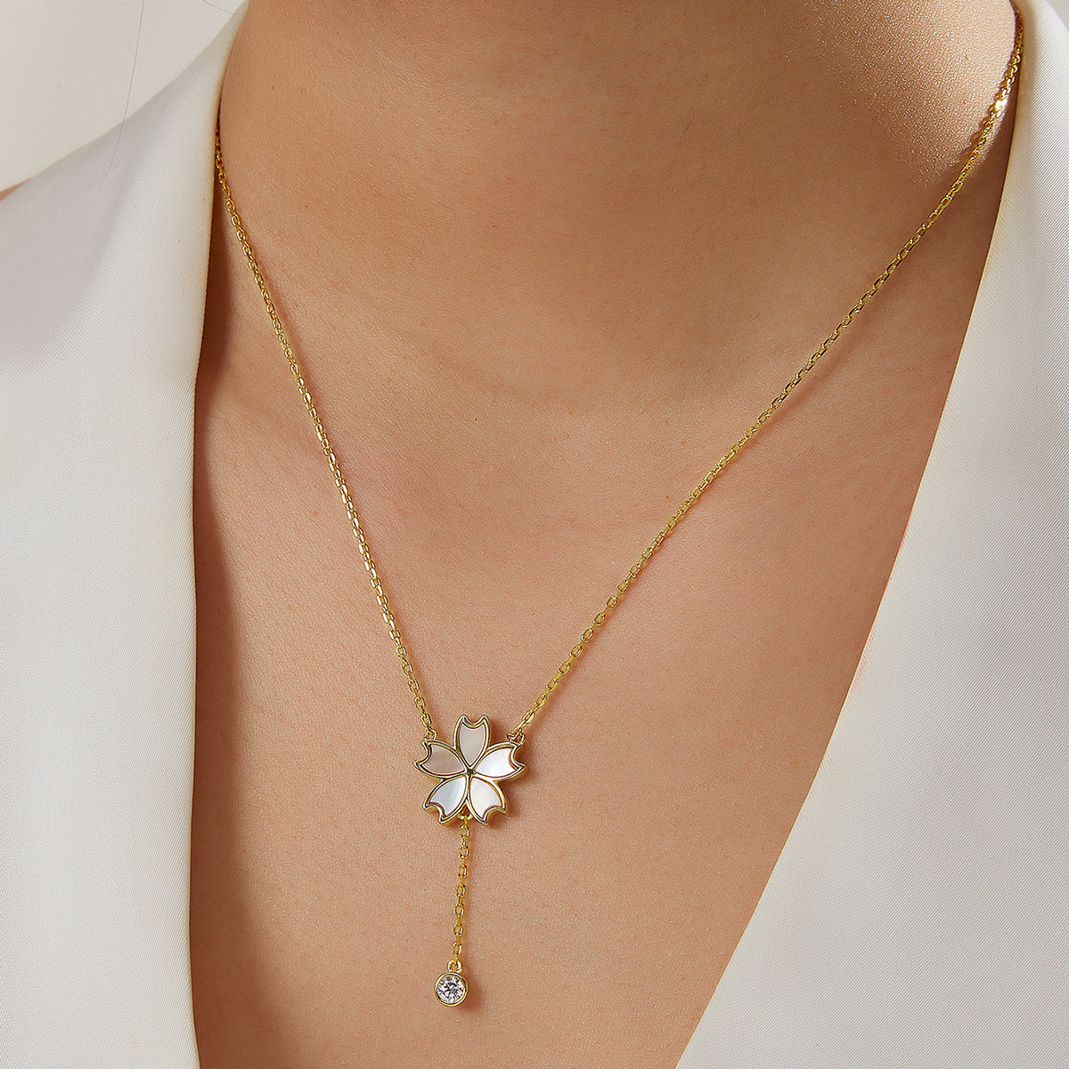 Planderful S925 Silver Plated Mother Of Pearl Cherry Blossom Pendant Necklace For Women Zircon Sparkle