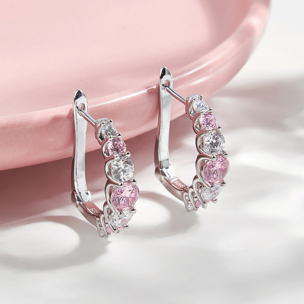 Planderful Sterling Silver Plated Zircon Earrings Pink Round Radiant For Women Gala Fireworks Collection