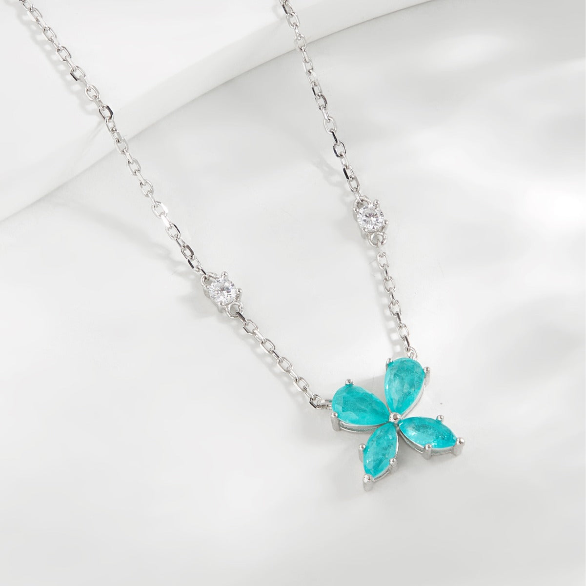 Planderful S925 Silver Plated Aquamarine Four Leaf Clover Pendant Necklace For Women Elegant Gift
