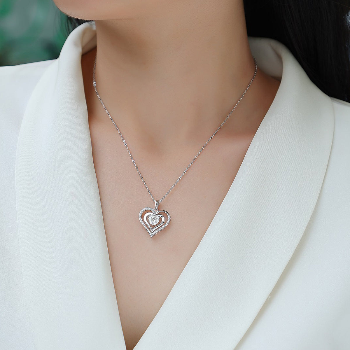 Planderful Moissanite Necklace 1.0ct Double Heart Pendant 40cm Adjustable S925 Silver Plated Sparkling Gift for Her