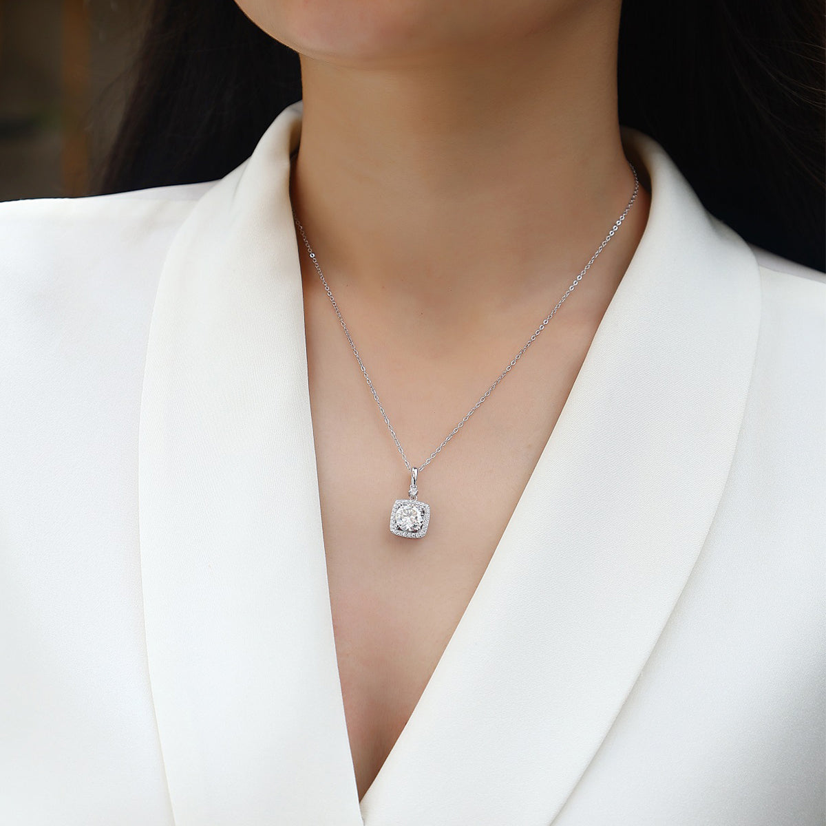 Planderful 2CT Moissanite Pendant Necklace With Square Halo Soleste S925 Silver Plated Minimalist Luxury For Her