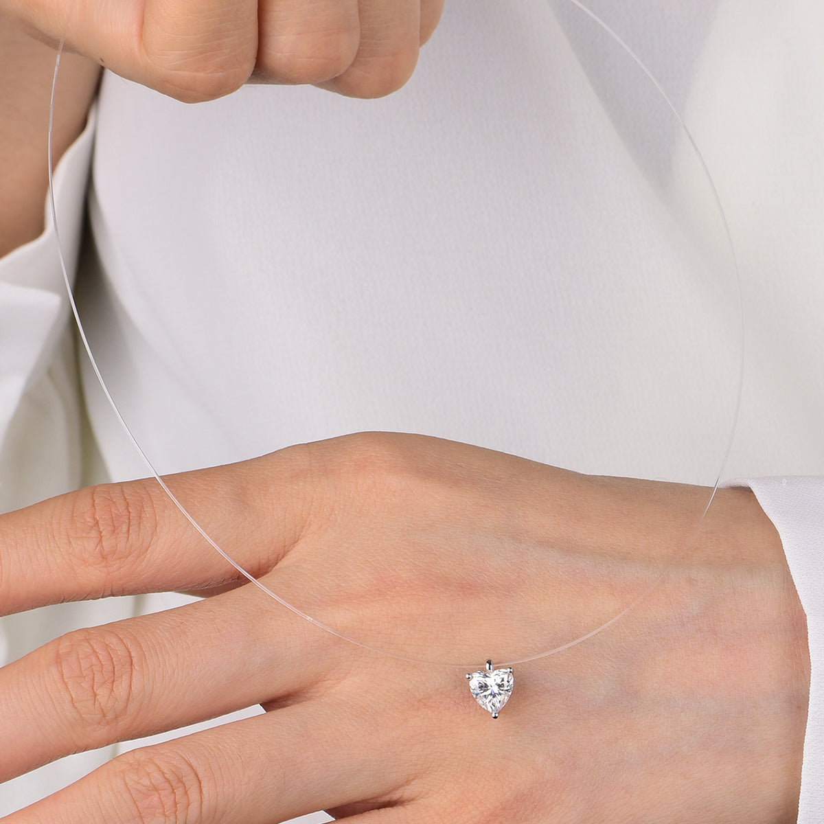 Planderful Shop Heart Shaped Sparkling Moissanite Pendant Necklace For Her Minimalist Invisible Thread Jewelry